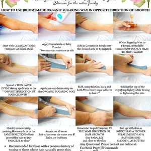 Step-by-step visual guide on applying and removing JBHomemade organic sugaring wax with denim strips for smooth, hair-free skin, featuring natural, vegan, and organic ingredients.