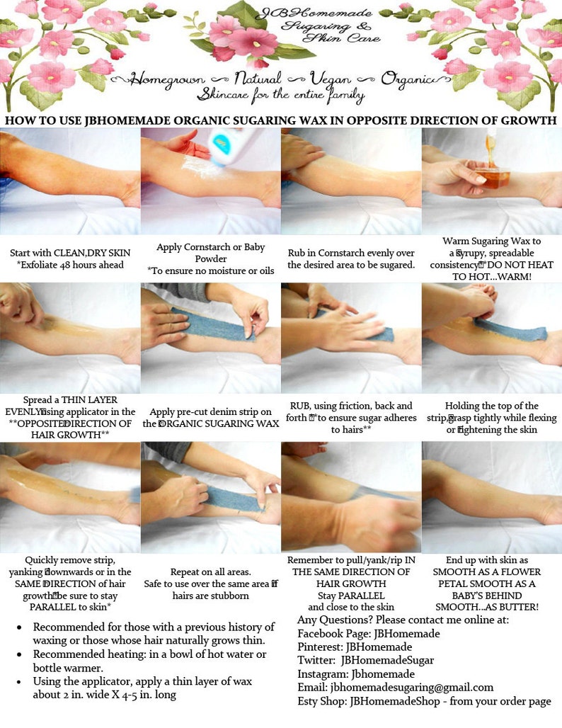 Step-by-step visual guide on applying and removing JBHomemade organic sugaring wax with denim strips for smooth, hair-free skin, featuring natural, vegan, and organic ingredients.