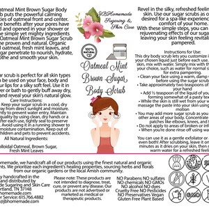 JBHomemade Oatmeal Mint Brown Sugar dry sugar scrub cosmetics label featuring usage diagram, natural benefits, and brand information, highlighting organic, non-GMO, paraben-free qualities.