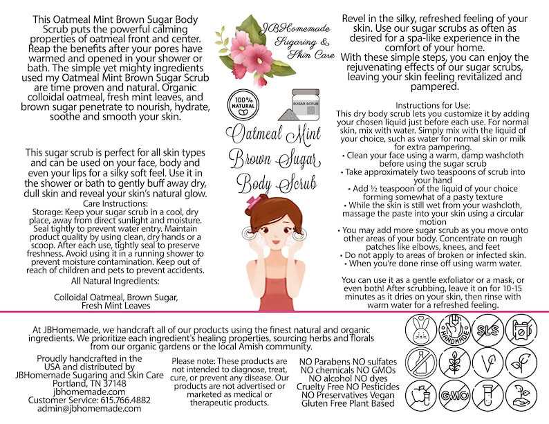 JBHomemade Oatmeal Mint Brown Sugar dry sugar scrub cosmetics label featuring usage diagram, natural benefits, and brand information, highlighting organic, non-GMO, paraben-free qualities.