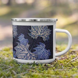 Enamel Mug- Blue Sycamore Leaves Dark Background