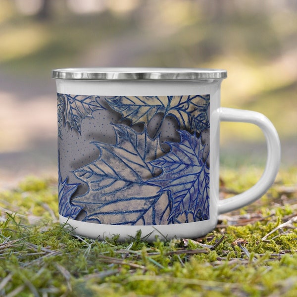 Enamel Mug- Blue Sycamore Leaves Light Grey Background