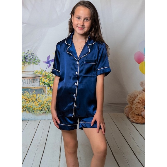 Unisex Kids Plain Navy Blue Satin Pjs Etsy