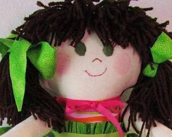 ABBY DOLL  rag doll, play doll, 16 inches, green eyes, brown hair, long hair, doll clothes, hair bows, felt shoes, girls, keepsake, birthday