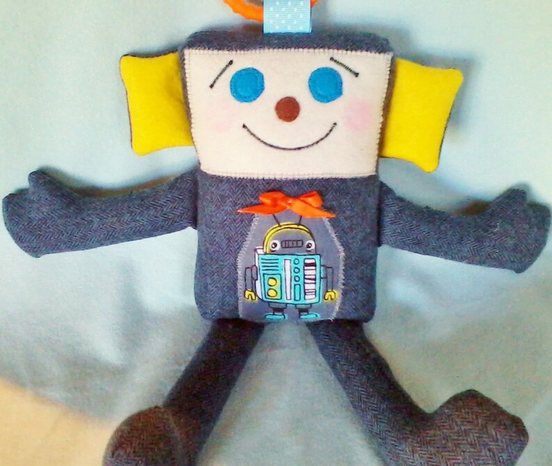 gift for boy 10 inch boy-bot baby shower gift soft plushy birthday gift stuffed robot back pocket MINI-BOT made to order ribbon tab