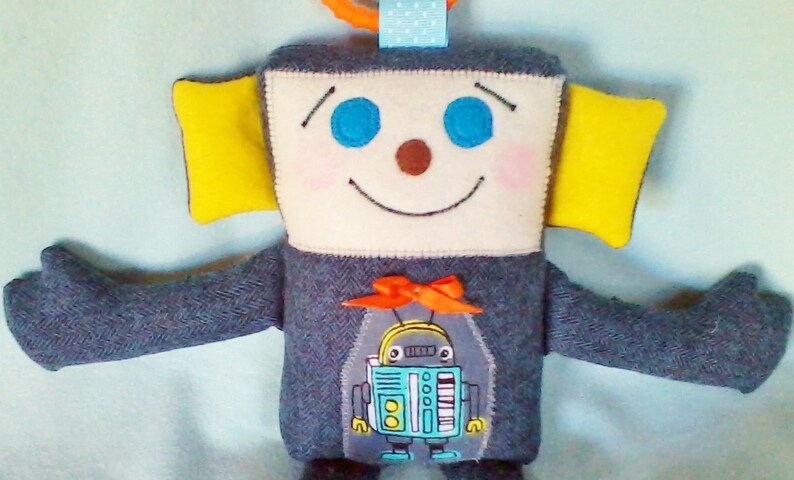 gift for boy 10 inch boy-bot baby shower gift soft plushy birthday gift stuffed robot back pocket MINI-BOT made to order ribbon tab