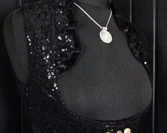 M-L (34-38&quot;) PRETO, Shimmer Choli, Alexia, Sob o busto, Corpete, Colete turco, Tribal, Dança do ventre, Colete, Cosplay, Brilhante