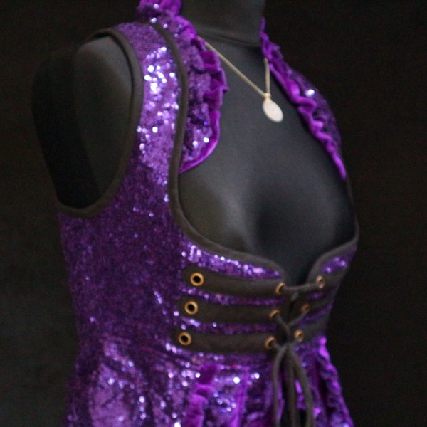 M (32-36”) PURPLE, Diva Gown, Underbust, Bodice, Ruffle Skirt, Sparkly, Corset, Tribal, Burning Man, Belly Dance, Cosplay, Ruched, Sequins