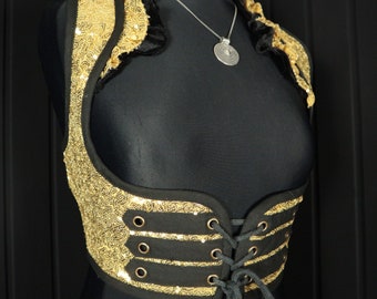 M (32-36&quot;) OURO BRANCO, Shimmer Arabella Choli, Sob o busto, Corpete, Colete turco, Tribal, Dança do ventre, Colete, Cosplay, Brilhante