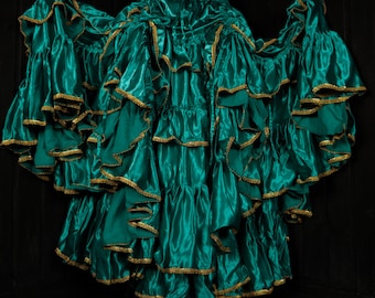 ZEPHIRA -28&quot;-48&quot; Waist VAGABOND Skirt -Length 37-38&quot;, Gold Trim Teal Satin Full Tiered Cosplay Skirt, RenFaire, Mermaid Costume