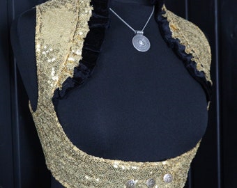 M-L (34-38&quot;) OURO BRANCO, Shimmer Choli, Alexia, Sob o busto, Corpete, Colete turco, Tribal, Dança do ventre, Colete, Cosplay, Brilhante