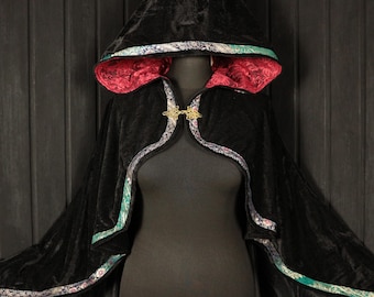ELEVEN MOON-VEIL Cape: Black,  Hooded, Velvet, Cosplay, Larp, RenFaire, Witchcore