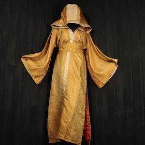 golden goddess dressing MAGIC - Size S-XL Hooded Robe - Silk Kimono Wrap, Gown, Luxury Loungewear, Holiday, Glamorous, Bridal Smoking Slippers