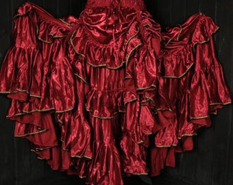 DRUSILLA -28&quot;-48&quot; Waist VAGABOND Skirt -Length 37-38&quot;, Black & Gold Trim Ruby Red Satin Full Tiered Cosplay Skirt, RenFaire, Halloween