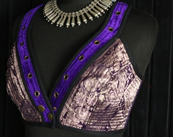 CLARA Sadie Bra - 28"-32” Bust/Size S - Adjustable Fastenings, Chain Detail, Silk & Velvet Costume Bra Top, Bellydance, Halter Bra Top