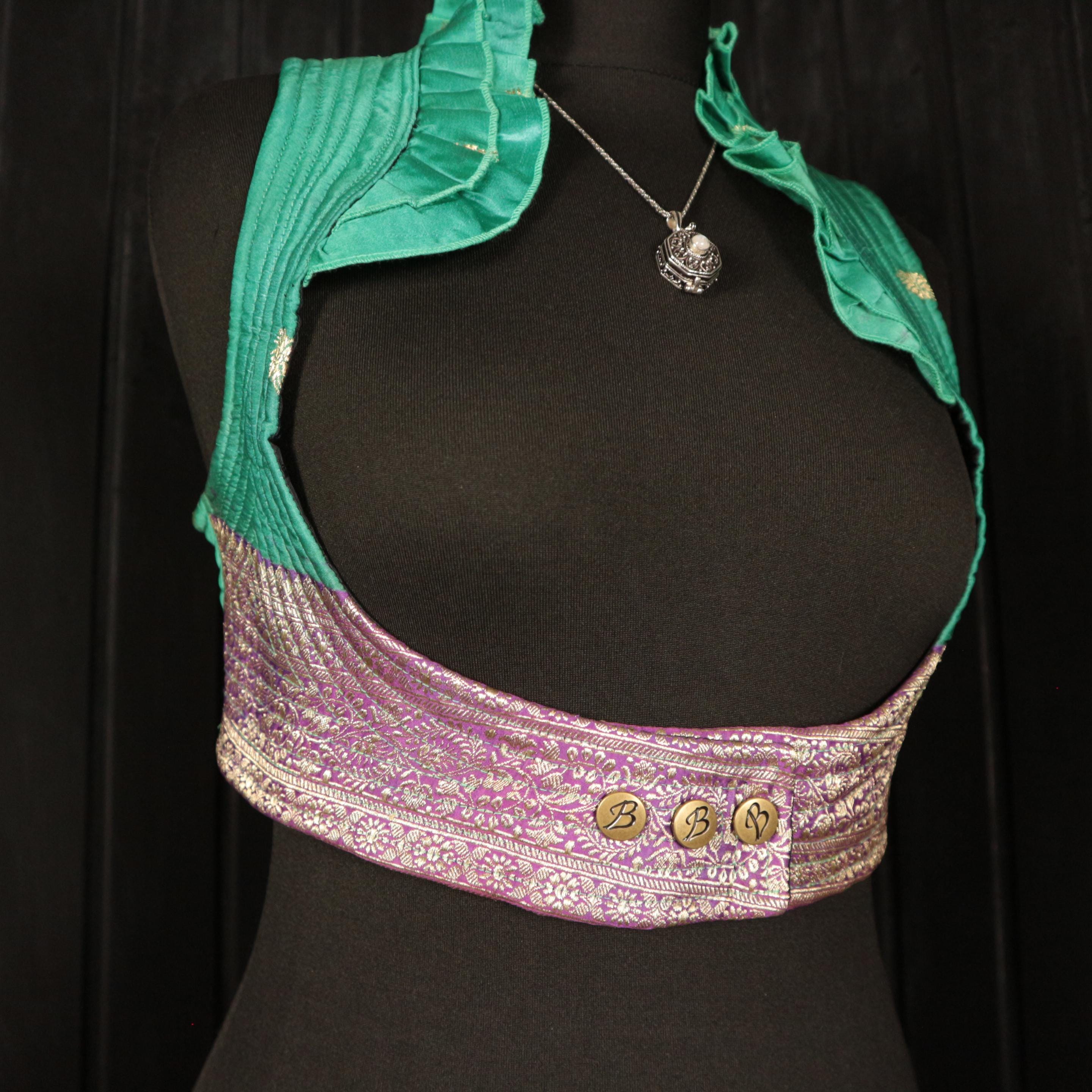 CARLA - 32"-36" Underbust (M) ALEXIA Choli - Botões ajustáveis e amarrações nas costas, Colete de seda colorida, Dança do ventre, Fantasia de cosplay