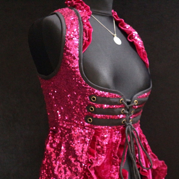 L (36-40”), PINK, Shimmer Gown, Underbust, Bodice, Ruffle Skirt, Sparkly, Corset, Tribal, Burning Man, Belly Dance, Cosplay, Ruched, Sequins