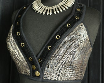 NINA  Sadie Bra - 28"-32” Bust/Size S - Adjustable Fastenings, Chain Detail, Silk & Velvet Costume Bra Top, Bellydance, Halter Bra Top