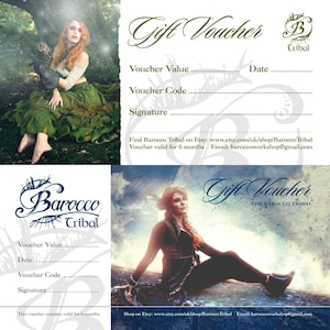 May include: Gift voucher for Barocco Tribal, a shop on Etsy. The voucher is valid for 6 months. Find Barocco Tribal on Etsy: www.etsy.com/uk/shop/BaroccoTribal Email: baroccoworkshop@gmail.com