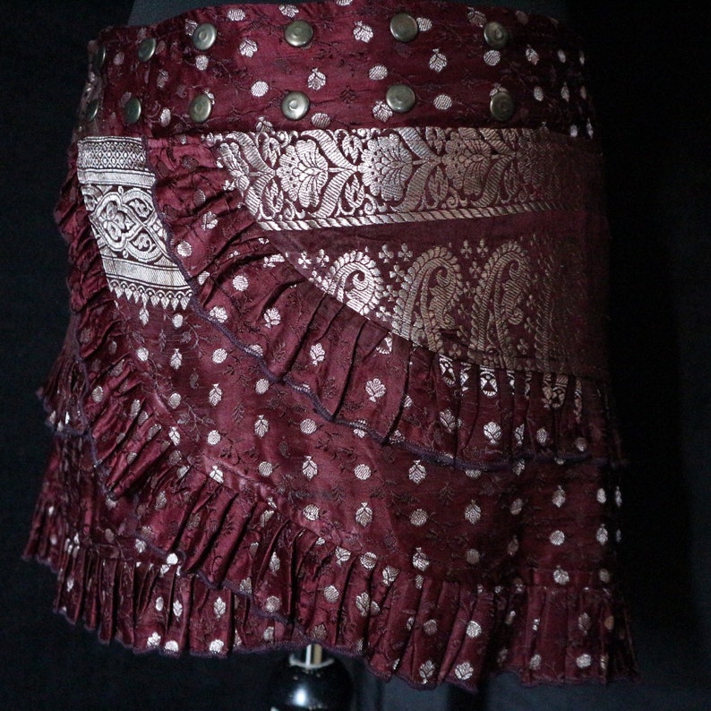 Short Skirt L Belly Dance Short Ruffle Skirt SAIRA Hip Scarf Mini Festival 42-52 Burning Man Silk Sari Tribal Fusion