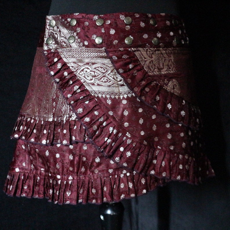 Short Skirt L Belly Dance Short Ruffle Skirt SAIRA Hip Scarf Mini Festival 42-52 Burning Man Silk Sari Tribal Fusion