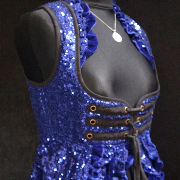 L (36-40”), BLUE, Shimmer Gown, Underbust, Bodice, Ruffle Skirt, Sparkly, Corset, Tribal, Burning Man, Belly Dance, Cosplay, Ruched, Sequins