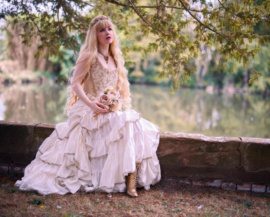 EVANGELINE - 30"-50" Waist VAGABOND Skirt -Length 38", Gold Trim, White Ivory Satin Full Tiered Skirt, RenFaire,Costume, Alternative Bridal