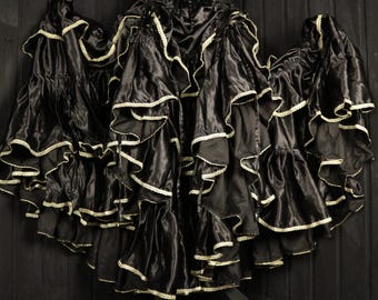 RAVEN - 24&quot;-44&quot; Waist  VAGABOND Skirt - Length 38&quot;, White Gold Trim Jet Black Satin Full Tiered Cosplay Skirt, RenFair, Halloween