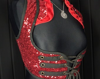M (32-36&quot;) RUBY, Shimmer Arabella Choli, Sob o busto, Corpete, Colete turco, Tribal, Dança do ventre, Colete, Cosplay, Brilhante