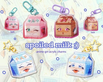 Llavero acrílico con dije de leche de anime