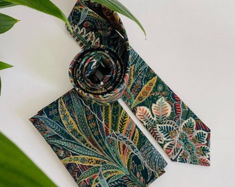 Liberty of London “Adelphi Voyage" Bespoke Men’s Tie - Green Jungle Print Skinny, Slim, Classic Cut Necktie and Pocket Square / Wedding/Gift