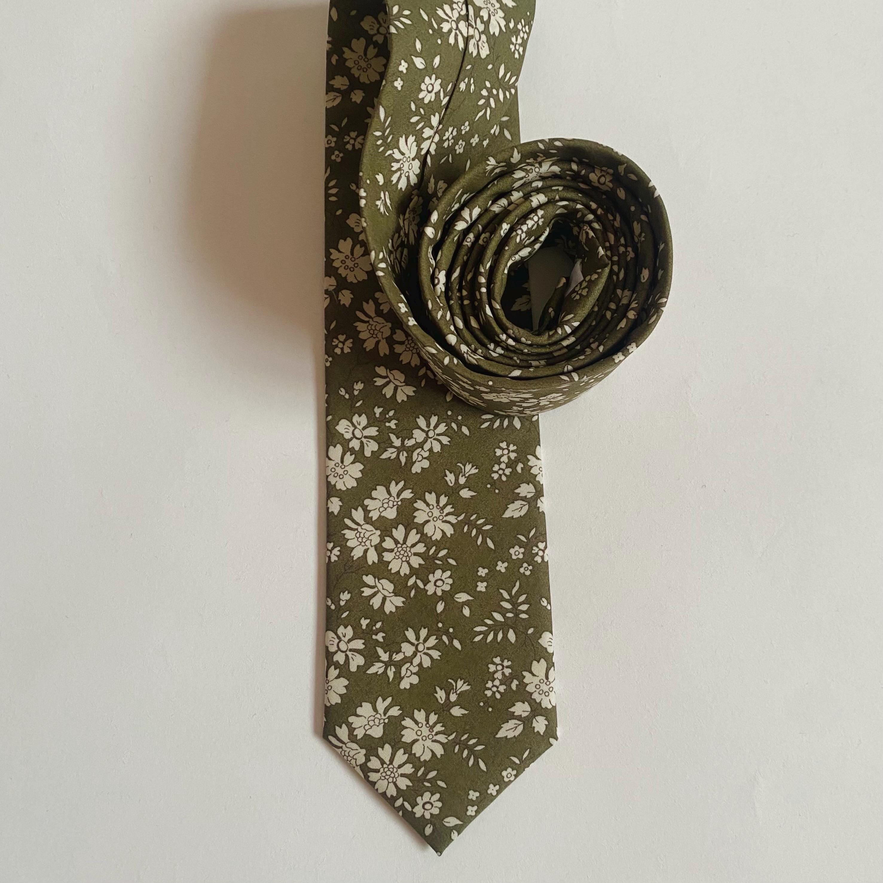 Liberty London Floral Cotton Men's Tie - Khaki Olive Green Capel Print