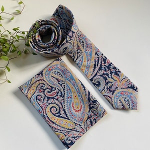 Liberty of London “Felix and Isabelle" Bespoke Men’s Tie -Paisley Blue Skinny, Slim, Classic Cut Necktie and Pocket Square / Wedding /Gift
