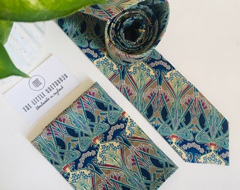 Liberty of London “Ianthe" Bespoke Men’s Tie - Teal Art Nouveau Vintage Skinny, Slim, Regular Cut Necktie and Pocket Square / Wedding / Gift