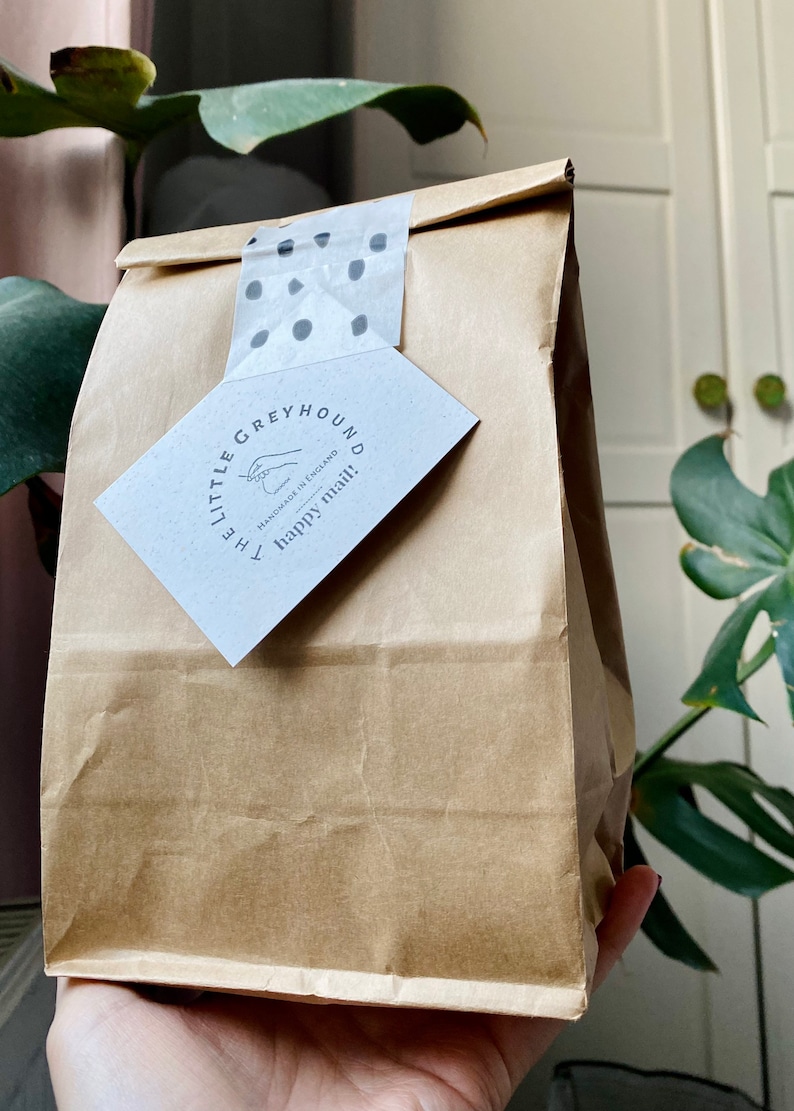 May include: A brown paper bag sealed with polka dot tape and a tag that reads "THE LITTLE GREYHOUND handmade in England happy mail!" The bag is held in front of a leafy green plant.