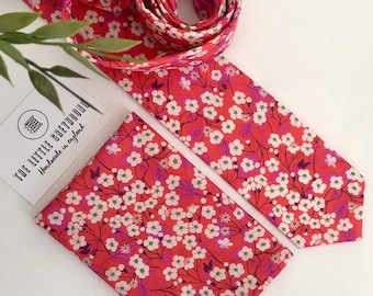 Liberty London Mitsi Floral Men's Tie & Pocket Square - Handmade Cotton Ditsy Red Necktie