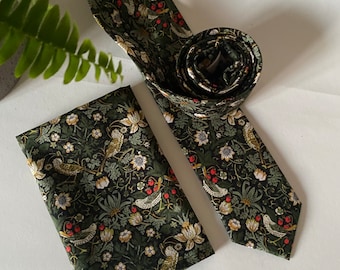 Liberty of London “Strawberry Thief" Bespoke Men’s Tie - William Morris Green Red Skinny, Slim, Regular Cut Necktie and Pocket Square/ Gift