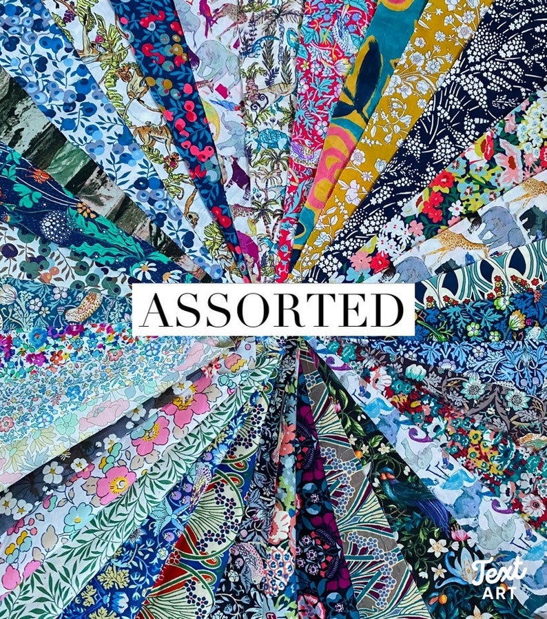 May include: A collection of assorted fabric swatches, each with a unique floral or patterned design. The fabrics are arranged in a fan shape, showcasing a variety of colors including blue, pink, yellow, and green. The word "ASSORTED" is displayed in a white rectangle.