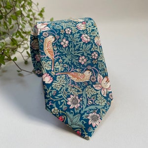 Liberty London Teal Necktie – Strawberry Thief William Morris Cotton Tie and Pocket Square