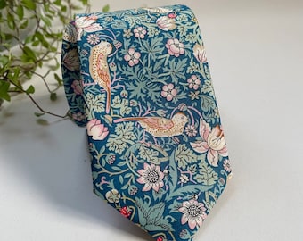 Liberty of London “Strawberry Thief" Teal Bespoke Men’s Tie - William Morris Skinny, Slim, Regular Cut Necktie and Pocket Square / Wedding