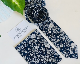 Liberty of London “Summer Blooms" Bespoke Men’s Tie -Navy Floral Print Skinny, Slim, Classic Cut Necktie and Pocket Square / Wedding / Gift