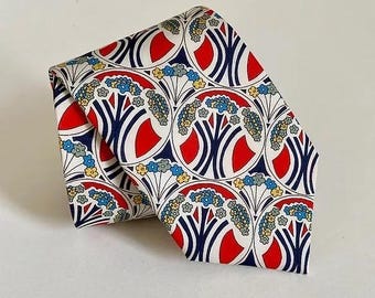 Gravata masculina Liberty of London, estampa floral vermelha Art Nouveau, algodão feito à mão