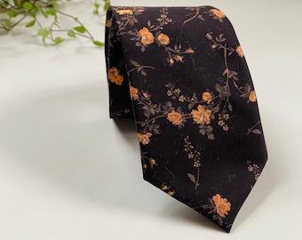Liberty of London “Elizabeth" Bespoke Men’s Tie - Black Orange Floral Skinny, Slim, Classic Cut Necktie and Pocket Square / Wedding / Gift