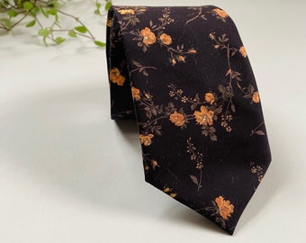 Liberty of London Men’s Tie – Elizabeth Black Orange Floral Cotton Necktie and Pocket Square