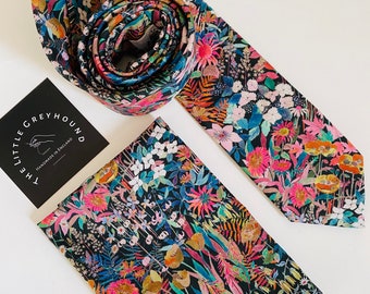 Liberty of London “Faria Flowers" Bespoke Men’s Tie -Black Floral Print Skinny, Slim, Classic Cut Necktie and Pocket Square / Wedding / Gift