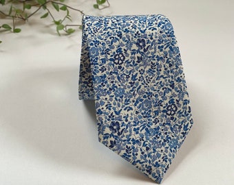 Liberty of London “Katie and Millie" Bespoke Men’s Tie - Blue Floral Skinny, Slim, Regular Cut Necktie and Pocket Square / Wedding / Gift