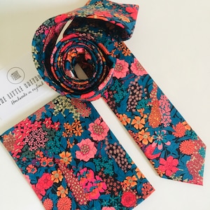 Liberty of London “Ciara&quot; Bespoke Men’s Tie - Floral Pink Navy 1960s Skinny, Slim, Regular Cut Necktie and Pocket Square / Wedding / Gift