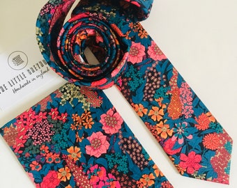 Liberty of London “Ciara" Bespoke Men’s Tie - Floral Pink Navy 1960s Skinny, Slim, Regular Cut Necktie and Pocket Square / Wedding / Gift