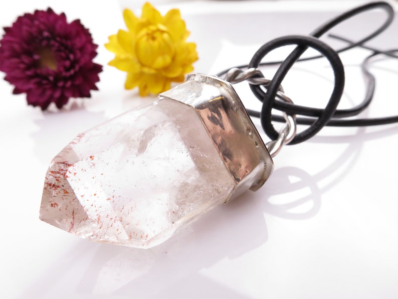 Namibia Brandberg Africa Rock crystal point Pendant Clear Natural crystal Set in 925 Sterling Silver with red hematite inclusions