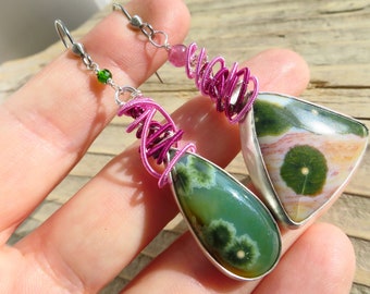 Fantastic Ocean jasper cabochon silver earrings gemstone stainless steel hooks natural pink Tourmaline long unique earrings natural gem